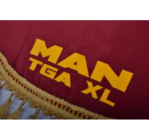 Ламбрекен лобового стекла  "MAN TGA XL" (лобовое+угол) 2,4  КРАСНЫЙ+золотой логотип,золотые колокольчики (Польша)